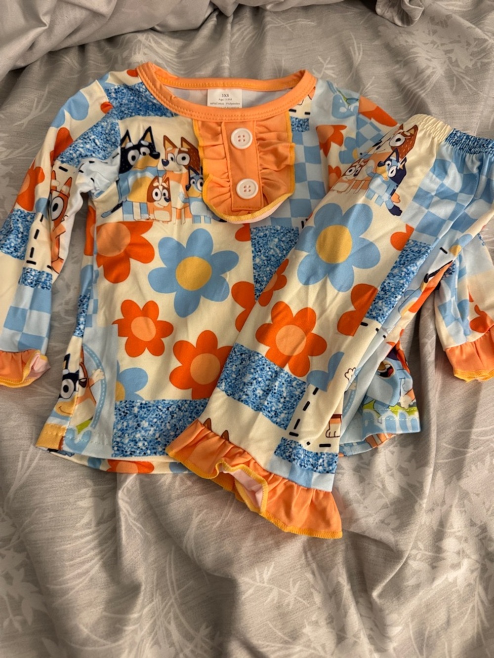 Bluey Floral Patchwork Kids Pajama Set - Orange & Blue